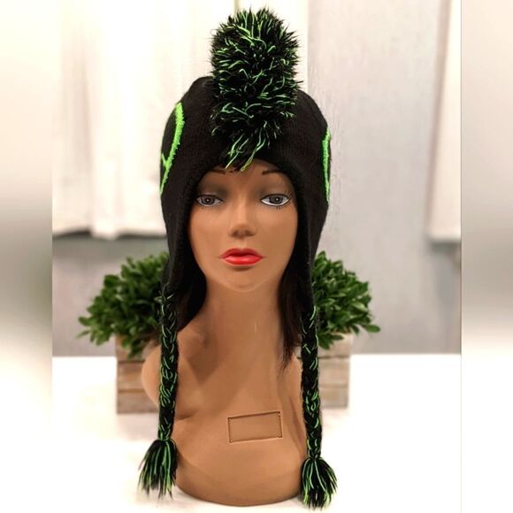 Neon Peace Sign Mohawk Knit Beanie Trapper Hat with Earflaps and Braided Tassels - Picture 2 of 7